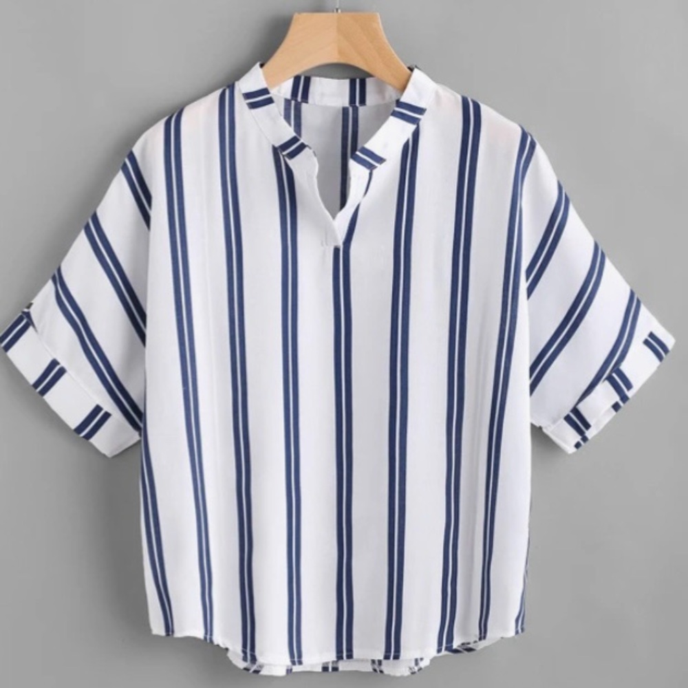 Band Collar Stripe Popover Shirt White‎ Blue Stripes Women's Size Small